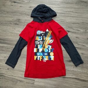 🏔️ FatFace Boys “Ski It, Bike It, Board It” Red Hooded Long Sleeve Tee Sz 9/10